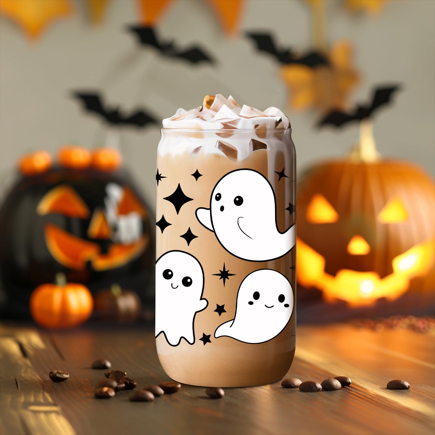 Coolife Ghost Halloween Cup, 16 oz Tumbler Glass Cups w/Lids Straws - Spooky Iced Coffee Mug for Smoothie, Cute Halloween Gifts for Women, Girls - Boo Basket Stuffers, Spooky Gifts for Teens, Her