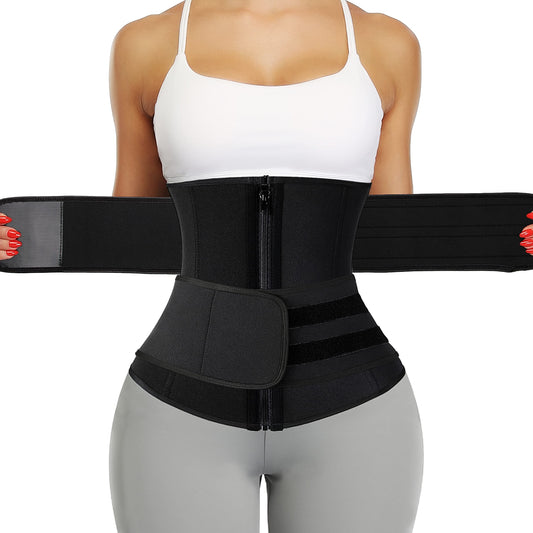 KIWI RATA Neoprene Sauna Waist Trainer Corset Sweat Belt with 2 Straps for Women Sweat Band Compression Cincher Workout Fitness Trimmer,#1 Zipper Black,X-Small