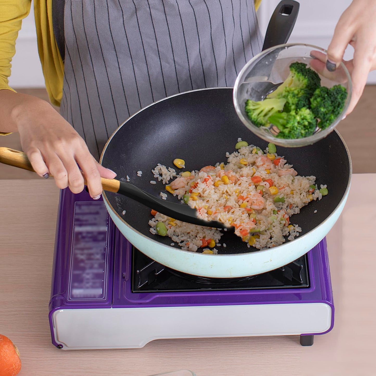 Cooking Spoon for Nonstick Cookingwares with Lengthed Wooden Handle, VOVOLY Silicone Spatula Spoon for Mixing, Scoop, and Scrape, Black, 13.4''