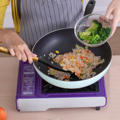 Cooking Spoon for Nonstick Cookingwares with Lengthed Wooden Handle, VOVOLY Silicone Spatula Spoon for Mixing, Scoop, and Scrape, Black, 13.4''