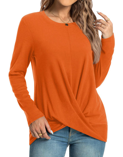 HOTGIFT Womens Halloween Orange Tunic Tops Long Sleeve Shirts Fall Winter Casual Crewneck Sweaters Front Twist Large