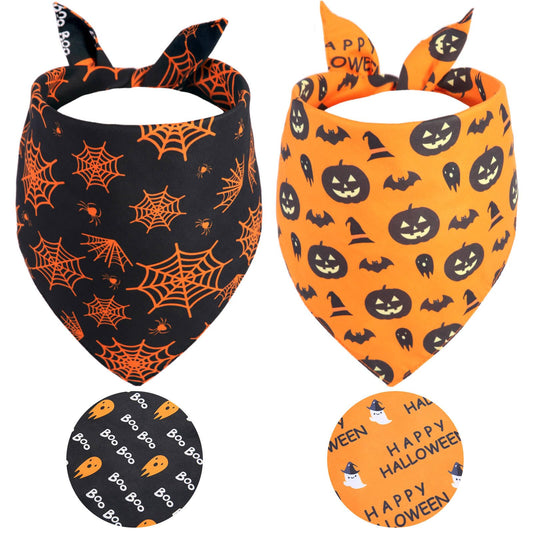 Gofshy Halloween Dog Bandanas Large 2PCS, Reversible Triangle Dog Scarfs with Pumpkin, Spide, Bat, Ghost, Fall Puppy Bandanas Bib Handkerchief for Boy and Girl, Holiday Bandanas