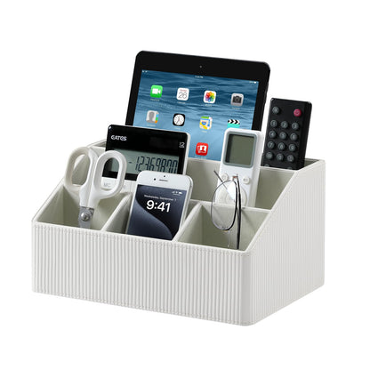Cretkhp Remote Control Holder with 5 Compartments for Office Art Supplies, PU Leather Nightstand Organizer Pencil Pen Desk Caddy for Home, Desktop TV Remote Control Organizer Storage (Striped Ivory)