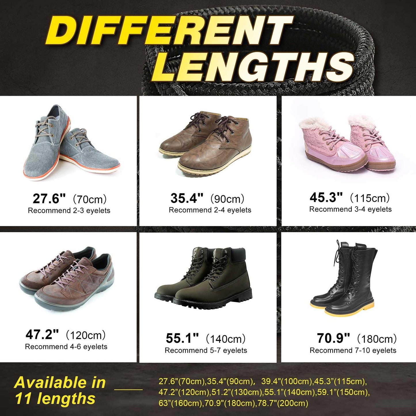 VSUDO 55 Inches Round Black Boot Laces, 5/32" Diameter Shoe Laces for Boots, Heavy Duty Work Shoestrings, Hiking Shoelaces for Men or Women (2Pairs-Black-140CM)