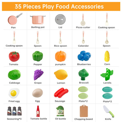 35Pcs Kids Kitchen Toy Accessories, Toddler Pretend Cooking Playset with Play Pots, Pans, Utensils, Cookware, Play Food Set, Toy Vegetables, Learning Gift for Girls & Boys (Pink)