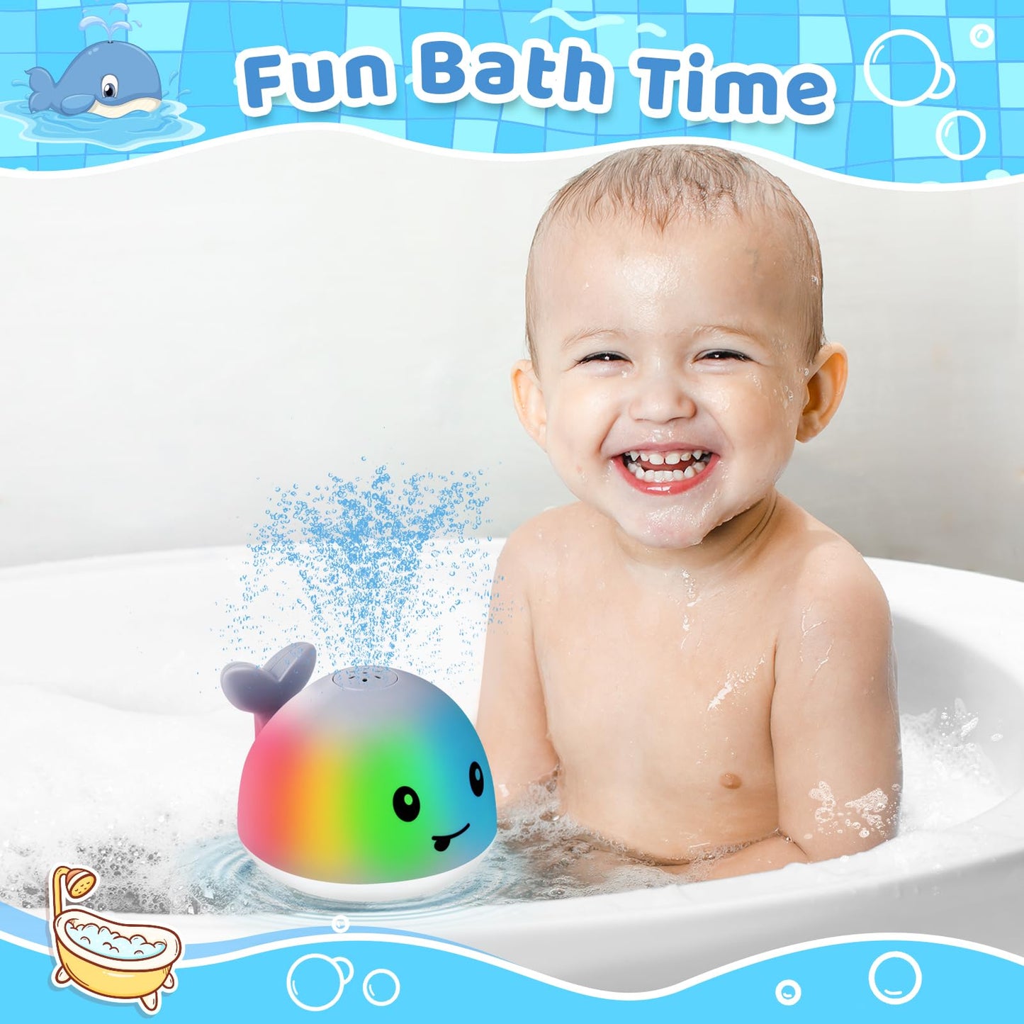 Gigilli Upgraded Baby Bath Toys, Rechargeable Light Up Bath Toys for Kids 1-3, Baby 6-12 12-18 Months Whale Bath Toy Sprinkler, Fountain Bathtub Toys Toddler Newborn Birthday Gifts
