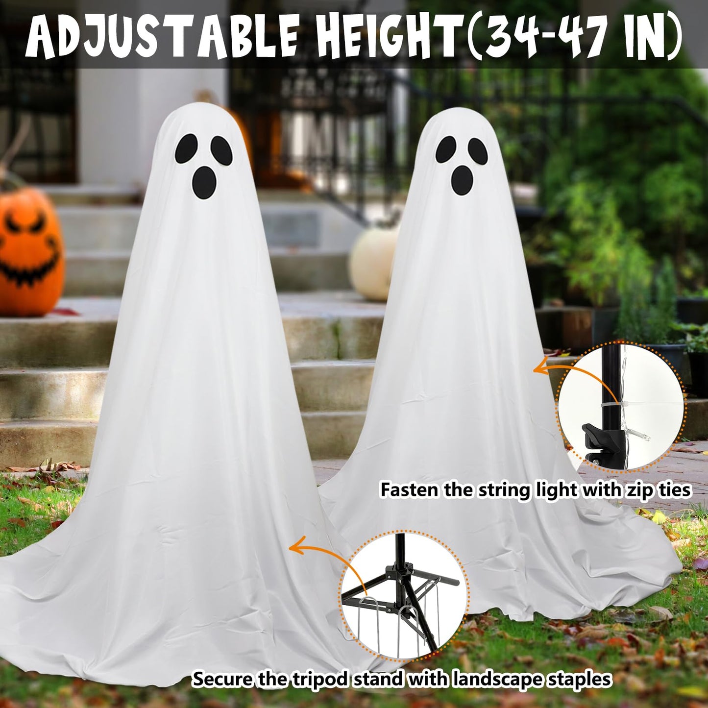 DAZONGE 2 Packs Halloween Decorations Outdoor, Spooky Halloween Ghost Decor with Remote String Lights Battery Operated, Easy to Assemble Ghost Decorations for Front Porch Yard