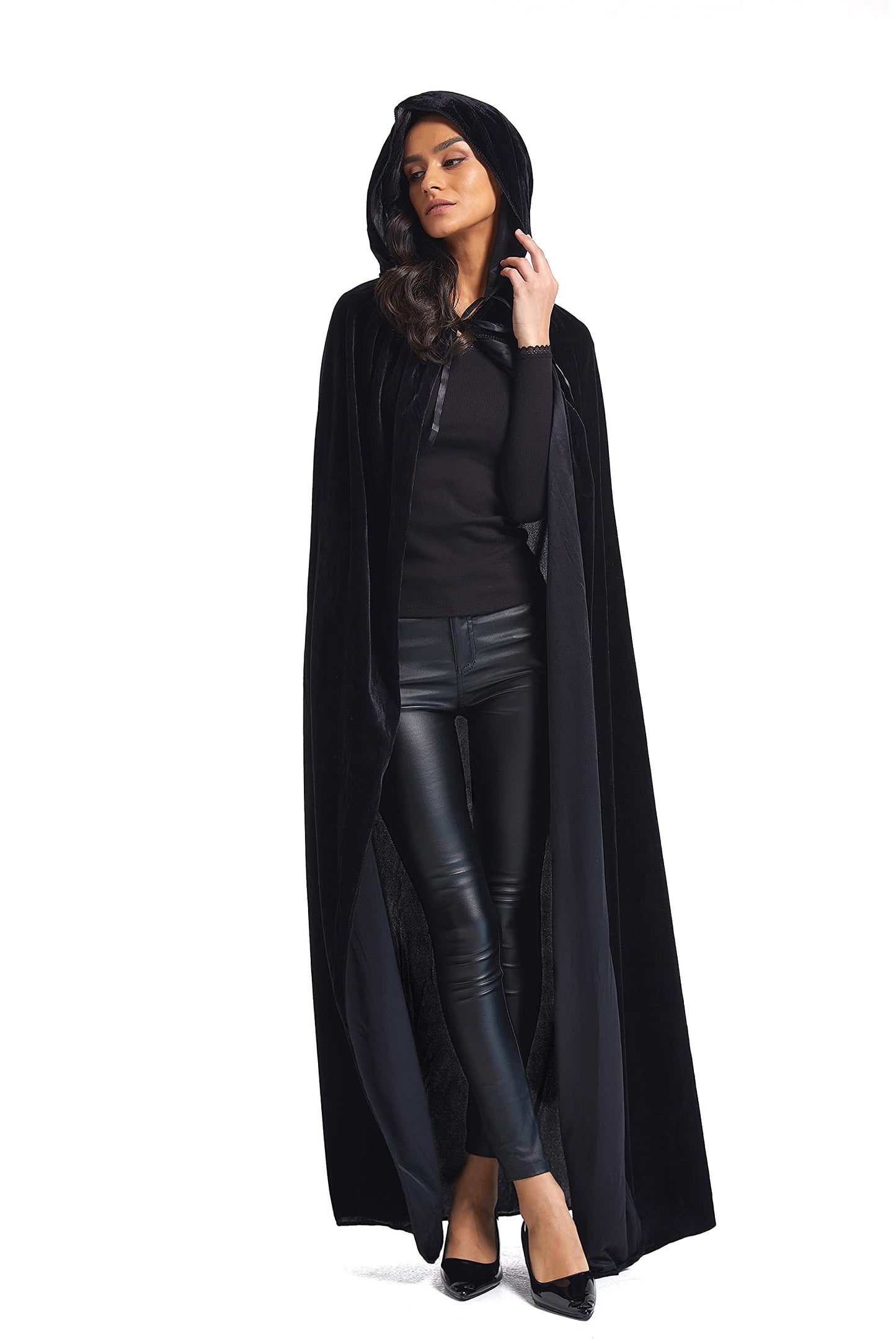 Evlatte Velvet Cloak, Adult Hooded Cloak Velvet Cape Halloween Witch Costume for Men and Women Cosplay Costumes (Black, Large)
