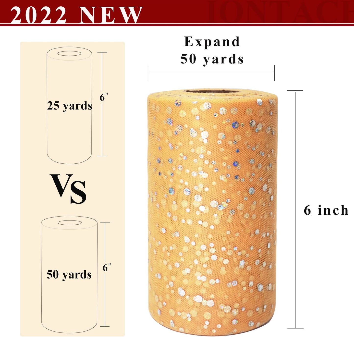 Glitter Tulle Rolls 6 Inch by 50 Yards Sparkling Tulle Fabric Sequin Ribbon Spool with Bow for Christmas Gift Wrapping DIY Tutu Table Skirt Halloween Decorations (Antique Gold)