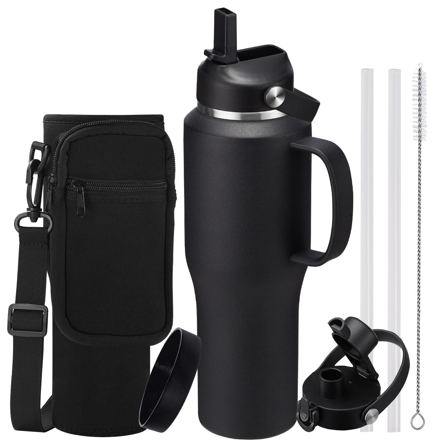 32 40 OZ Stainless-Steel Cup with Handle - Vacuum Insulated Water Bottles with Straw, Strap Carrier Bag & Protective Boot, Leak Proof Coffee Tumbler Thermo Flask Cups for Car Office Gym