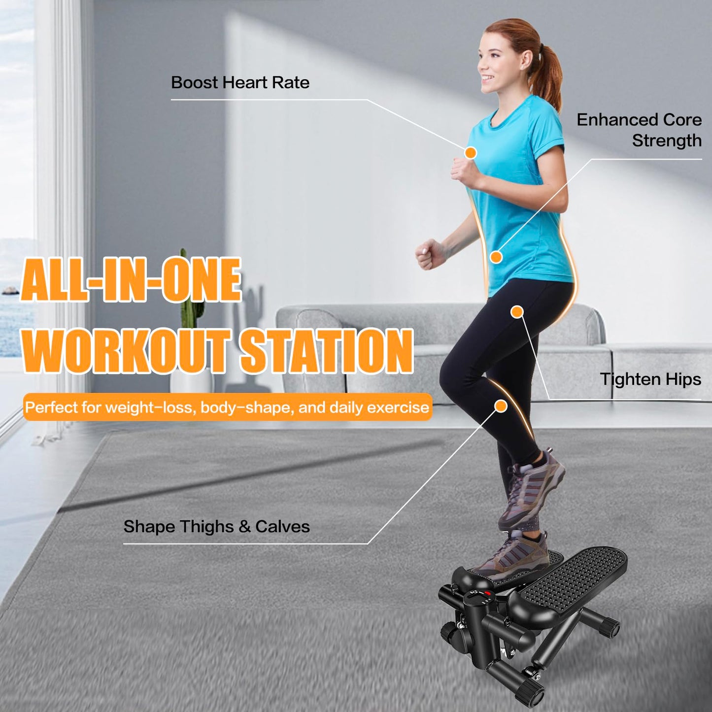 Hydraulic Fitness Stepper with LCD Monitor - Mini Stepper with 300LBS Loading Capacity and Resistance Bands