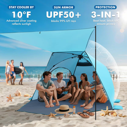 Elegear Beach Tent with Canopy 4-6 Person, 1-Second Umbrella-Style Setup Pop Up Sun Shelter Shade, UPF 50+ UV Protection Four-Layer Silver-Coated Lightweight Portable Beach Cabana - Aqua Blue