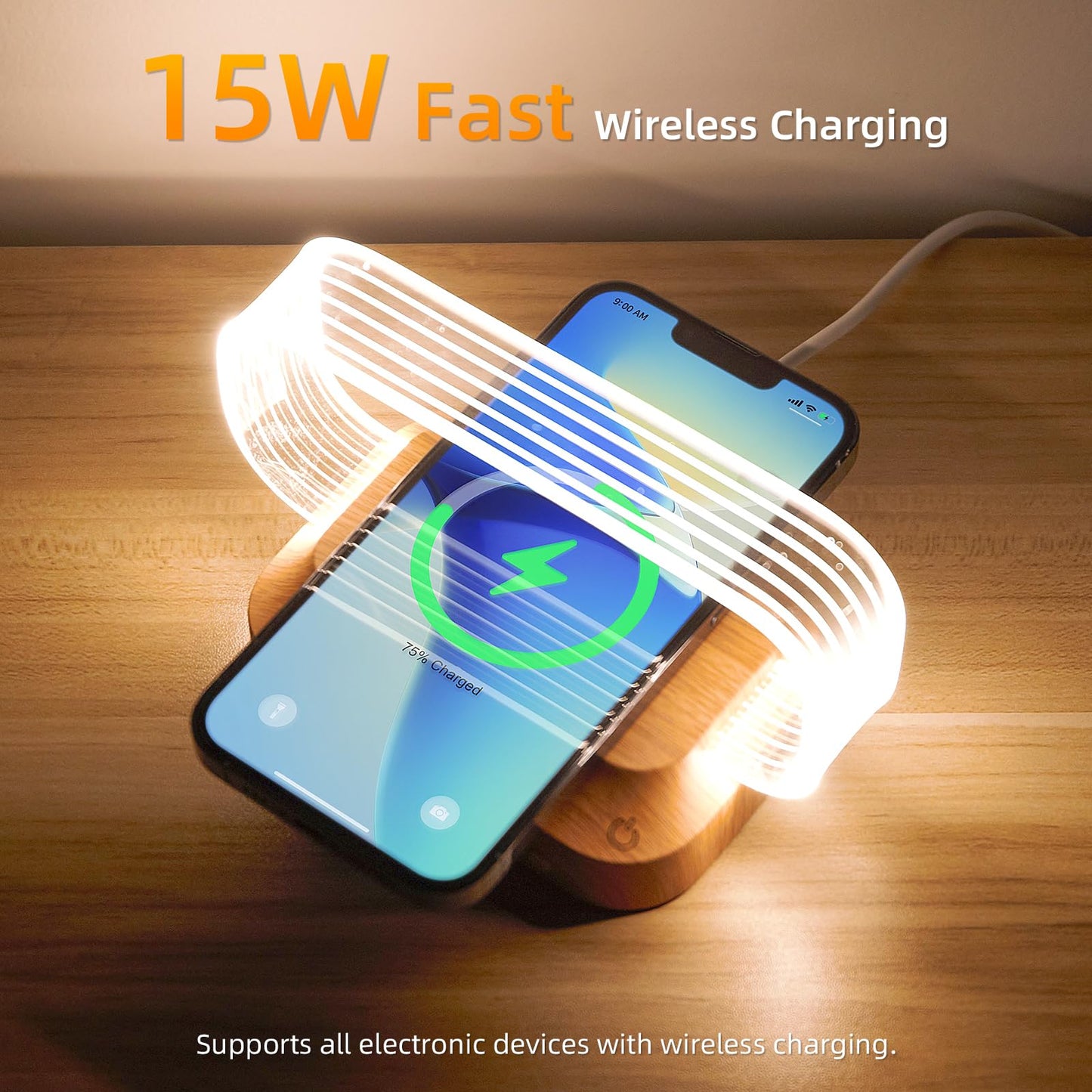 Hiwoor Bedside Table Lamp with 15w Wireless Charger, Touch Control LED Table Lamp with Clock and Phone Stands, Reading lamp 3 Modes and Stepless Dimming for Night lamp for Kids and Adults