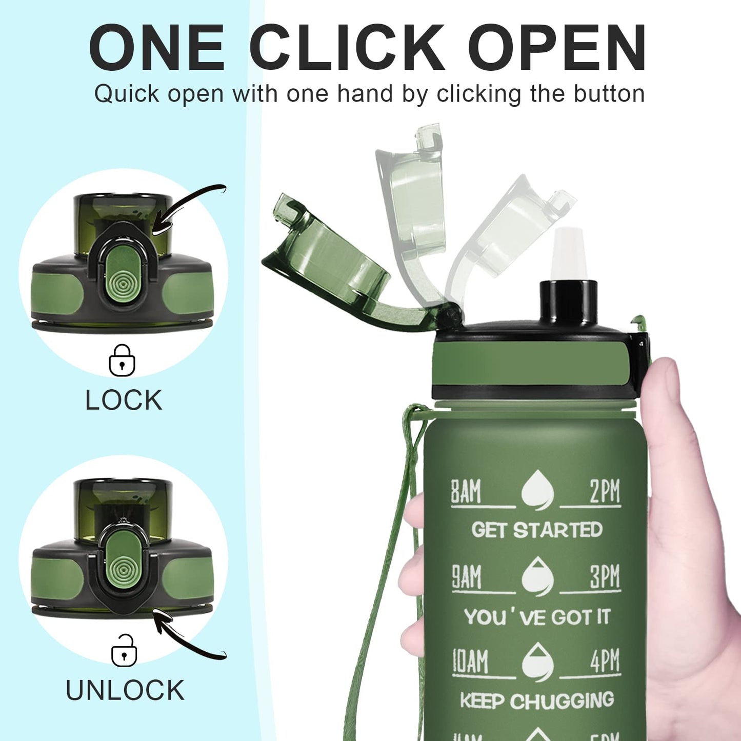 Enerbone 32 oz Water Bottle, Leakproof BPA & Toxic Free, Motivational Water Bottle with Times to Drink and Straw, Fitness Sports Water Bottle with Strap for Office, Gym, Outdoor Sports, Hunter Green