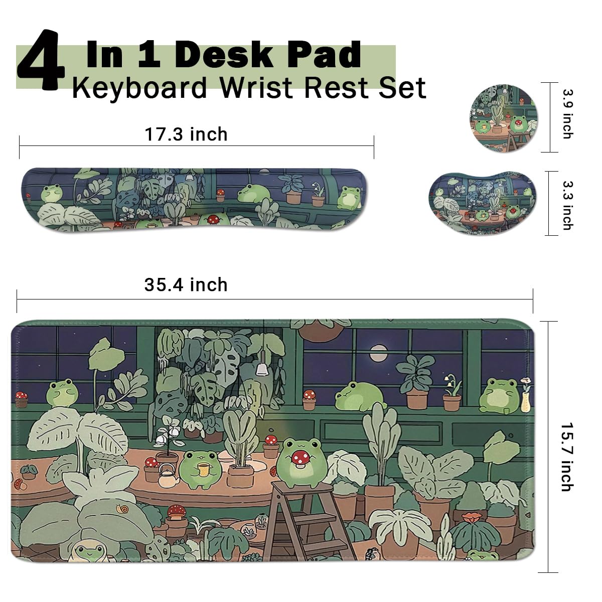 Large Mouse Pad Set, Cute Extended Mouse Pad+Keyboard Wrist Rest Support Desk Pad Memory Foam Ergonomic Easy Typing, 35.4×15.7 in Desk Mat Set for Home Office Study Game - Frog