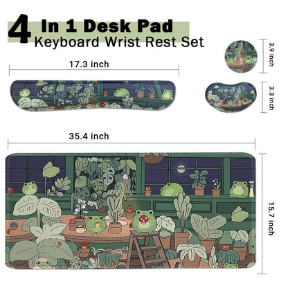 Large Mouse Pad Set, Cute Extended Mouse Pad+Keyboard Wrist Rest Support Desk Pad Memory Foam Ergonomic Easy Typing, 35.4×15.7 in Desk Mat Set for Home Office Study Game - Frog