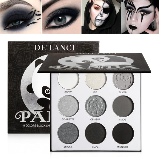 ecofavor Black Smoky Eye shadow Palette, DE’LANCI PANDA 9 Colors True Black Dark Grey Smokey Goth Makeup Pallet, 9 Soft Matte Shimmer High Pigmented Basic Black White Gray Shade for Halloween