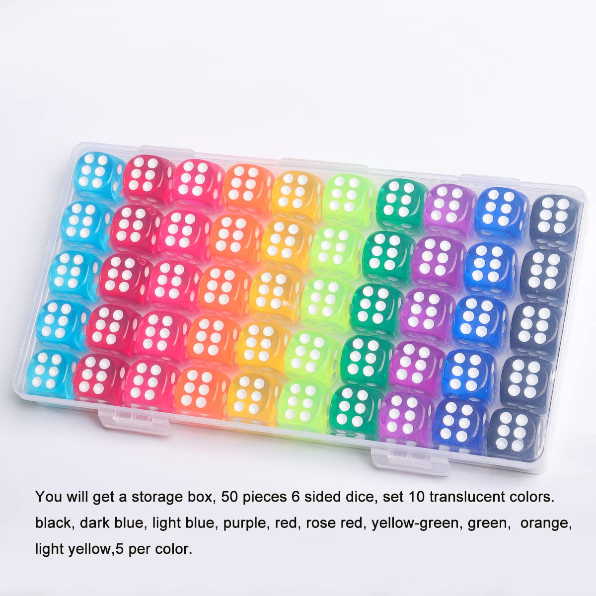 50 Pieces Dice Set, 14mm Bulk 6 Sided Colored Dices for Board Games, Math Learning,Classroom