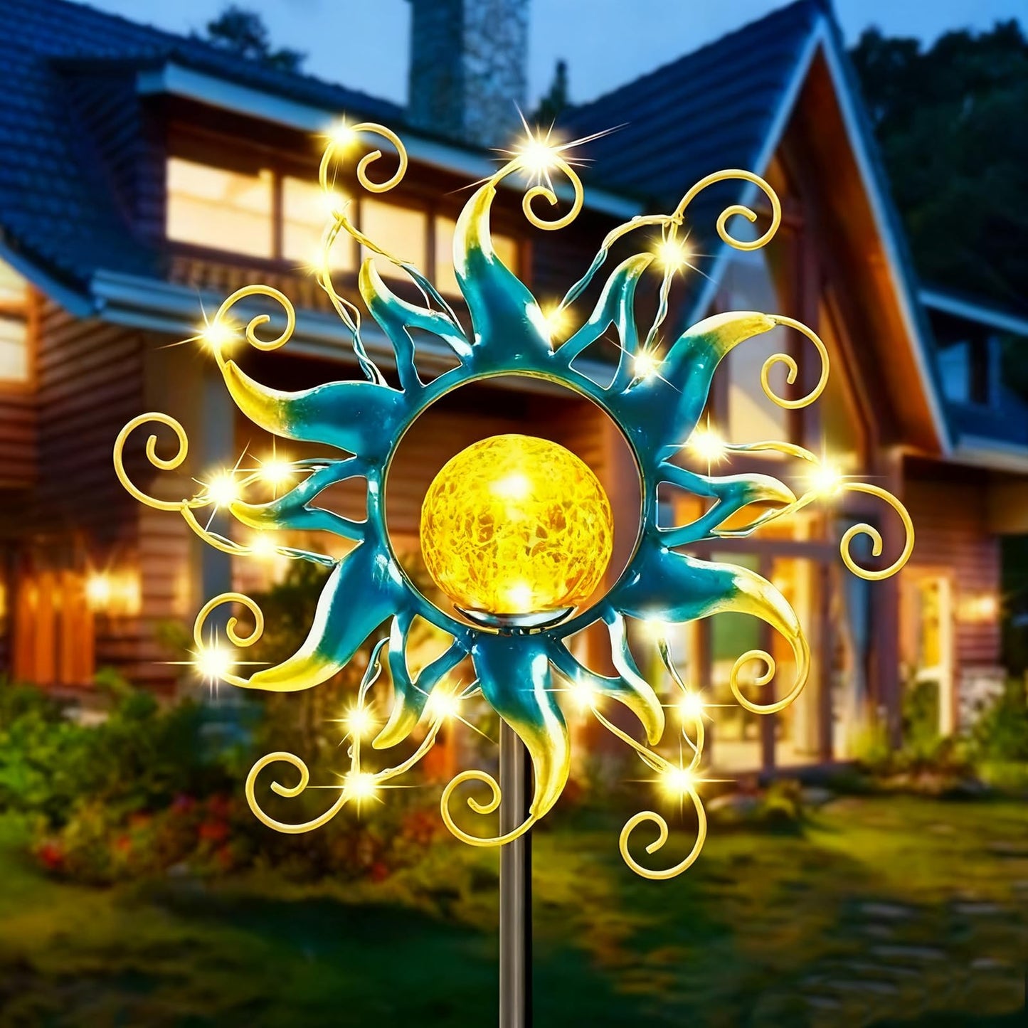 Kacux Solar Lights Outdoor Garden Decor, Blue Metal Sun Crackle Glass Globe Stake Waterproof 30LED Decorations Unique Gifts for Women,Mom,Outside, Patio,Lawn,Yard,Pathway