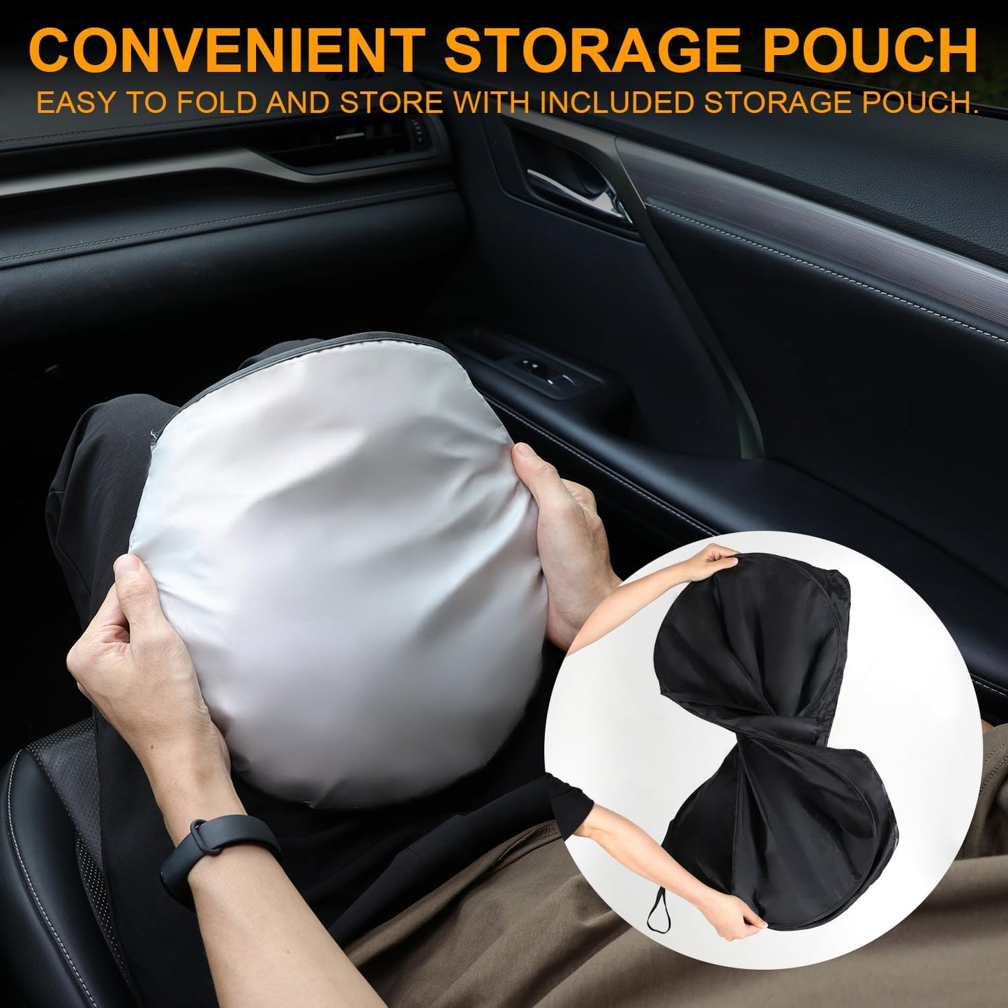 JUSTTOP Car Sun Shade Windshield - Foldable Sun Car Window Shield 210T Coated Silver Cloth Reflective Polyester Material Blocks 99% UV Rays, Fits Most Windshields(Large63 x 35 in)