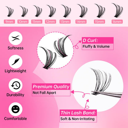 ESEENLO Lash Extension Kit, 320pcs DIY Eyelash Extension Kit 9-16mm Mix, 30D 40D Curl Individual Lash Clusters with Bond, Seal, Remover and Tweezers