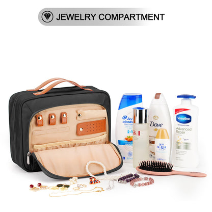 COOSKY Travel Hanging Toiletry Bag for Women, with Jewelry Organizer Compartment, Medium Waterproof Hanging Makeup Accessories, Cosmetic Essentials, Toiletries Dopp Kit Set with Trolley Belt, Black