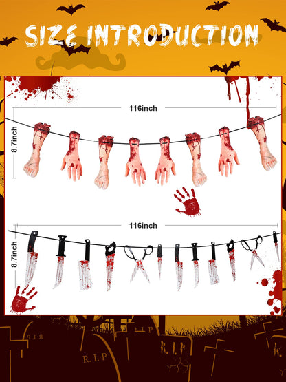 6 Sets Halloween Bloody Garland Banner, Include 48 Garland and 16 Fake Scary Broken Hands and Feet Hanging Decor, Halloween Party Decoration Scary Banner Supplies