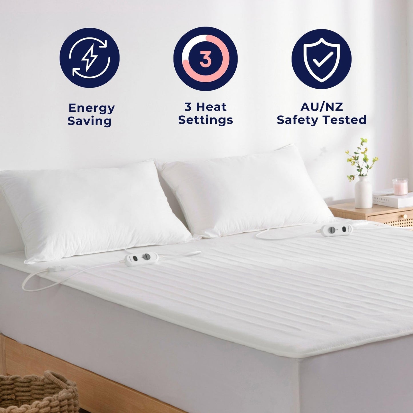 Dreamaker Dual Control Washable Fitted Electric Blanket 3 Heat Setting Safety Overheat Protection Machine Washable Underblanket White Queen