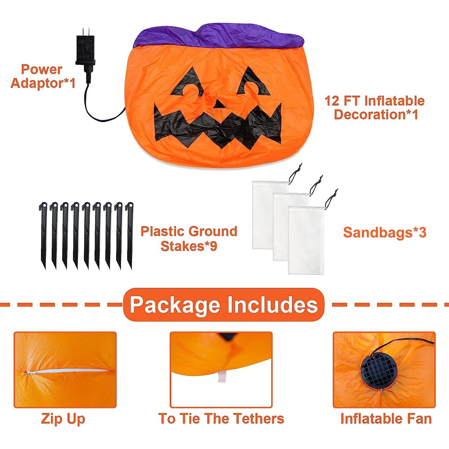 12 Ft Long Halloween Inflatables Pumpkins Outdoor Yard Decoration, 7 PCS Blow up Pumpkins and 2 Witch Hats Built-in LED Lights for Home Holiday Party Lawn Patio Outside