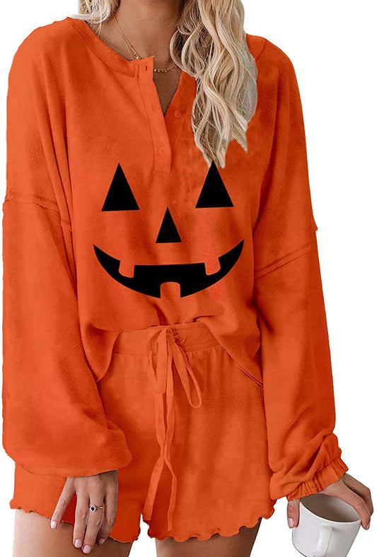Halloween Pjs Womens Ruffle Long Sleeve Tops and Short Sets Pumpkin Halloween Pajamas BP L
