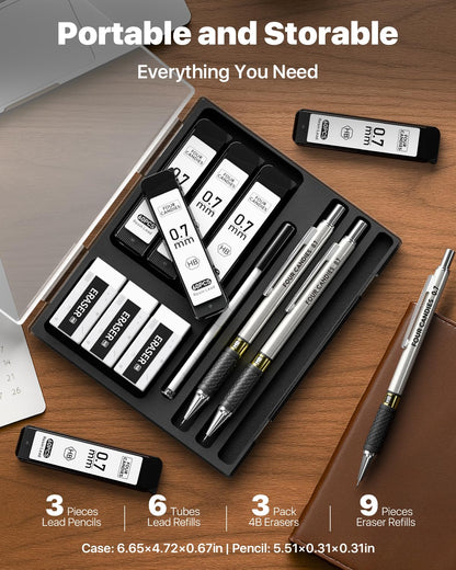 Four Candies Metal Mechanical Pencil Set - 3PCS 0.7mm Art Mechanical Pencils & 360PCS HB Lead Refills & 3PCS Erasers & 9PCS Eraser Refills, Drawing Mechanical Pencils for Writing, Sketching-With Case