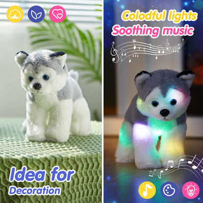 BSTAOFY 12’’ Musical Light up Husky Puppy Stuffed Animal Realistic LED Singing Dog Soft Plush Toy with Night Lights Glow in The Dark Birthday Valentines Christmas for Toddler Kids