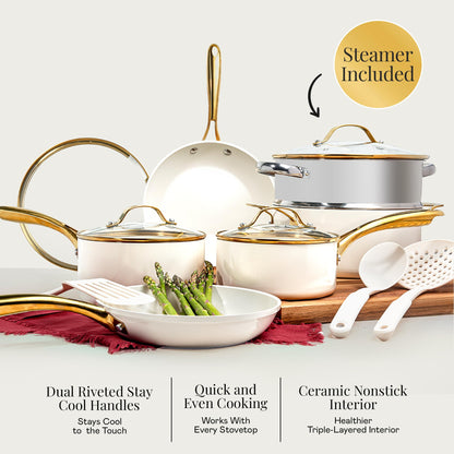 Gotham Steel 15 Pc Ceramic Cookware Set, Ceramic Pots and Pans Set Non Stick with Cooking Utensils and Steamer, Non Toxic PFOA PFOS Free, Premium Gold Stay Cool Handles, Oven & Dishwasher Safe