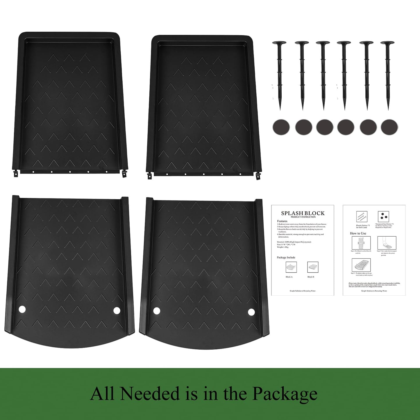 Jamphaza 2 Pack Gutter Downspout Extensions, Rain Gutter Downspout Splash Block, Down Spout Extender, Drain Gutter Guard Diverter, Splash Guards Rainwater Drainage 24" (Black 2Pack)