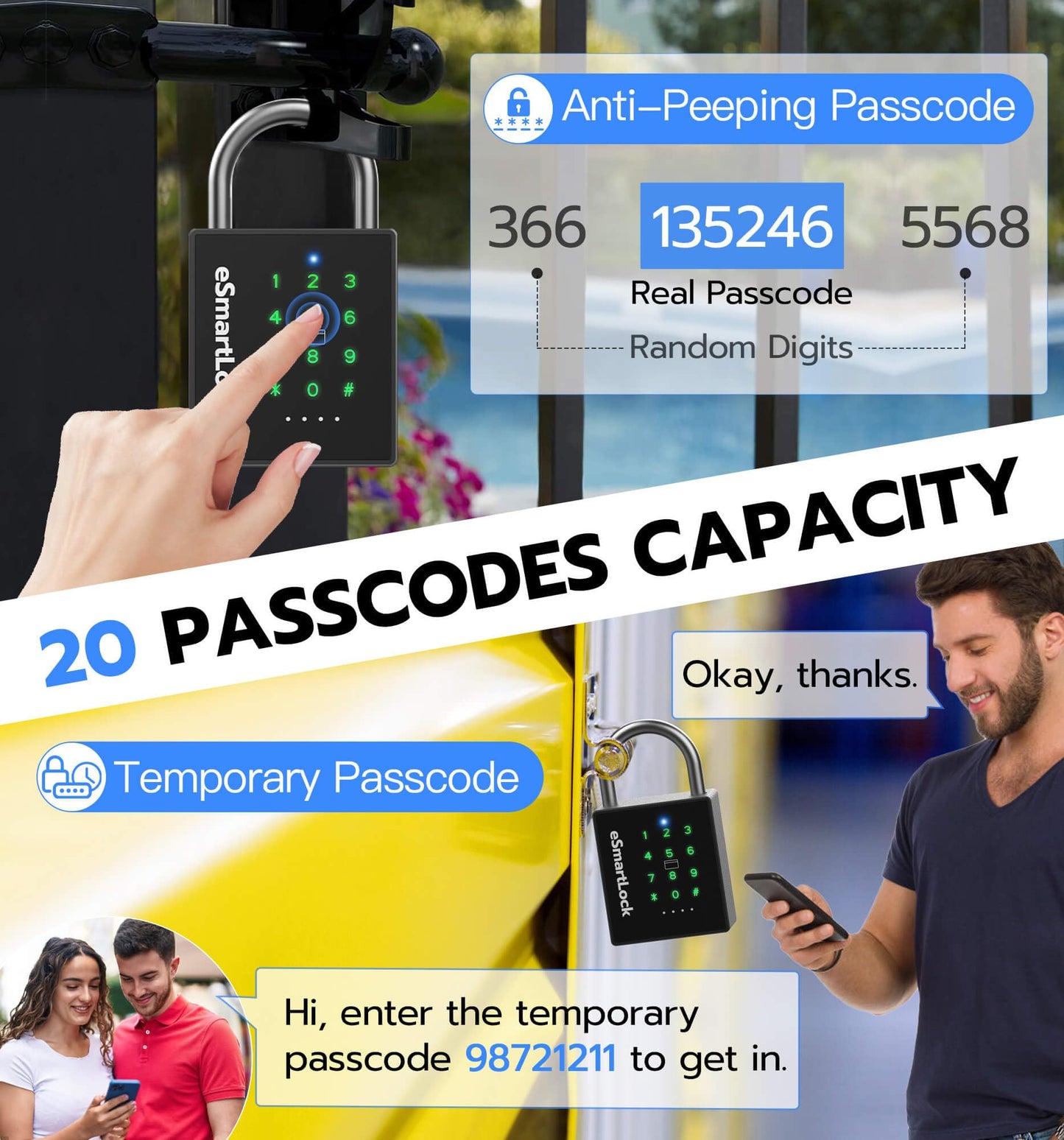 eLinkSmart Heavy Duty Smart Padlock with Key, Pad Lock with Code Keypad, Weatherproof Bluetooth RFID Keyless Electronic Digital Combination Lock for Gate Outdoor Fence Storage Unit Locker Shed Pool