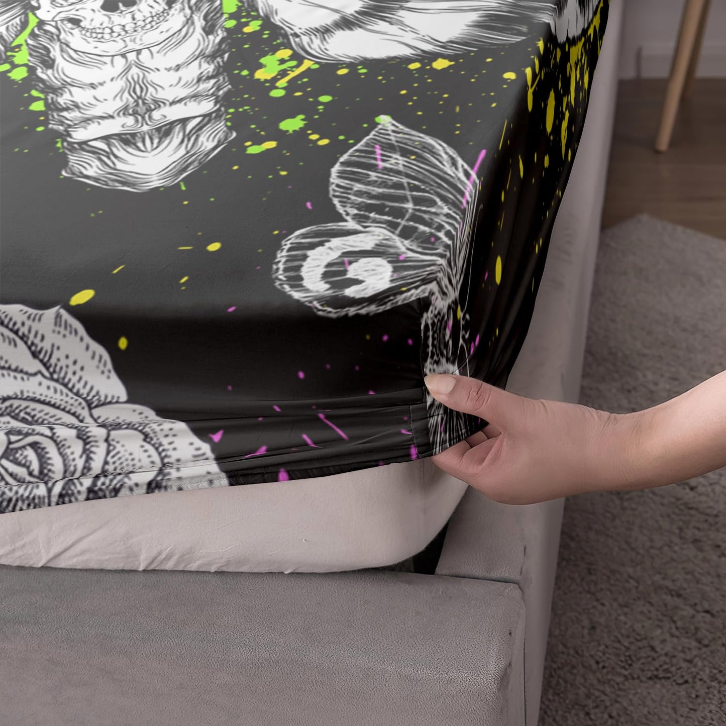 HOSIMA Death Moth Skull Heads Fitted Sheets Queen Bedroom Set Horror Theme Halloween Bedding,Goth Bedding Butterfly Bed Set for Adults Boys Girls Room Decor Floral Sheets Deep Pocket.