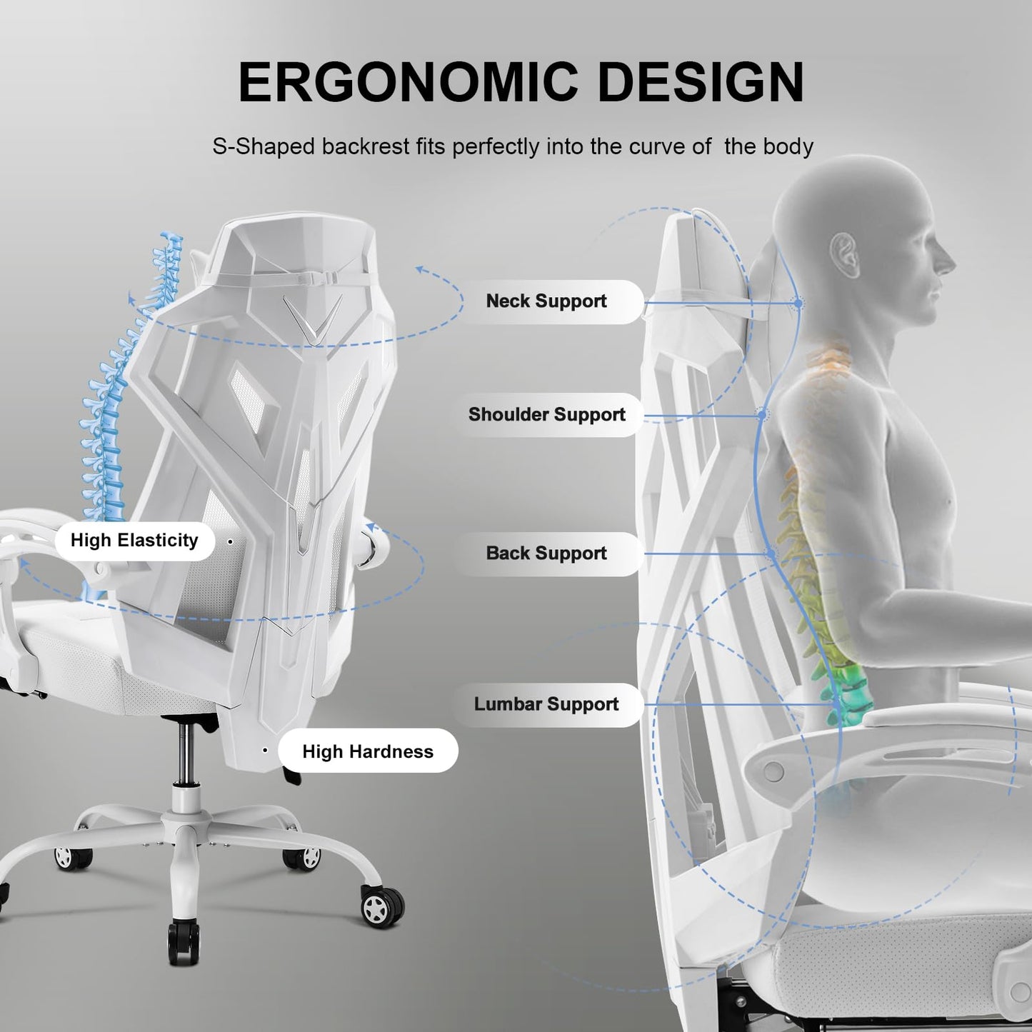 GTRACING Gaming Chair, Computer Chair with Mesh Back, Ergonomic Gaming Chair with Footrest, Reclining Game Chair with Adjustable Headrest and Lumbar Support for Gaming and Office (White)