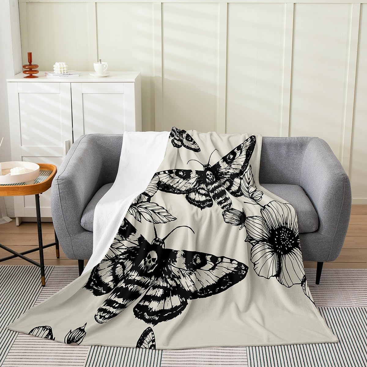 Death Moth Flannel Blanket for Boys Girls Adult,Gothic Death Skull Fleece Blanket Warm Throw, Youth Bohemian Throw Blanket 90"x90" Ultra Soft, Skeleton Bones Plush Blanket Bedroom Decor
