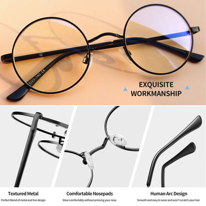 Joopin Round Blue Light Glasses Women Men, Metal Circle Blue Light Blocking Glasses Computer Gaming TV Clear Lens UV400 (Black)