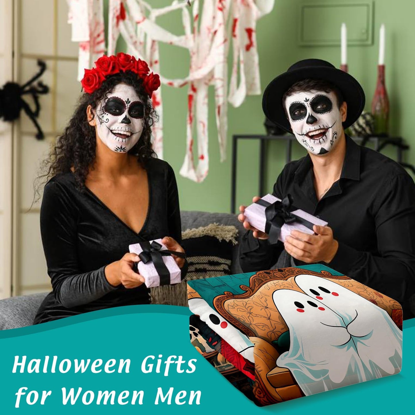 Halloween Throw Blanket Gifts for Men Women, Halloween Fall Throw Blanket, Cozy Halloweens Blanket for Couples Adults, Boo Basket Gift for Boyfriend Girlfriend, Flannel Blankets for Bed Couch, 50"X60"