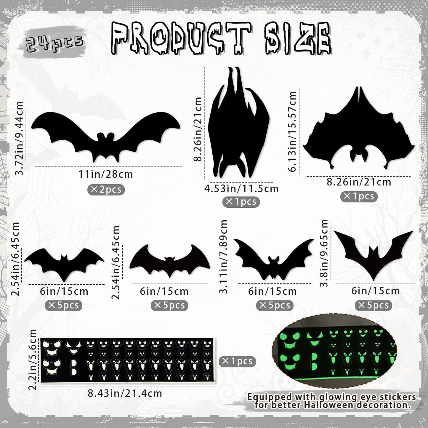 24pcs Halloween Decorations Outdoor Magnetic Bats for Garage Door Decorations with Glowing Eye Stickers Fridge Car Decor