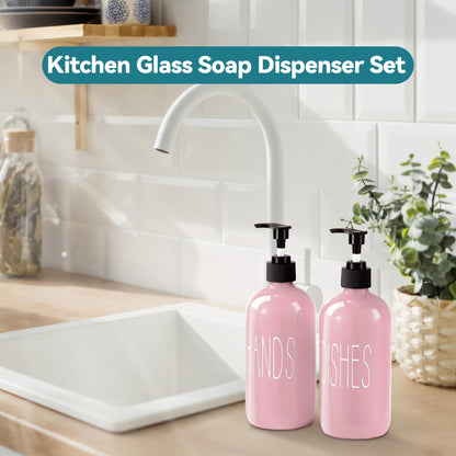 COHOSEGE Glass Soap Dispenser Set 2 Pack,16 Oz Dish Soap Dispenser for Kitchen Sink,Pink Kitchen Accessories and Kitchen Decor,Pink Decorations and Kitchen Utensils for Kitchen