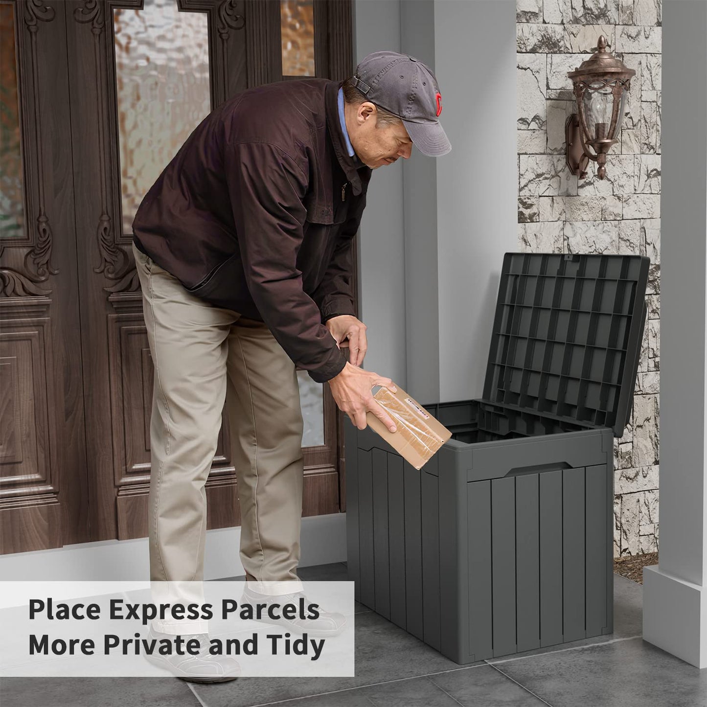 Flamaker Deck Box 31 Gallon Waterproof Resin Storage Box with Lid Indoor Outdoor Delivery Box Storage Bin for Patio Cushions (Grey)