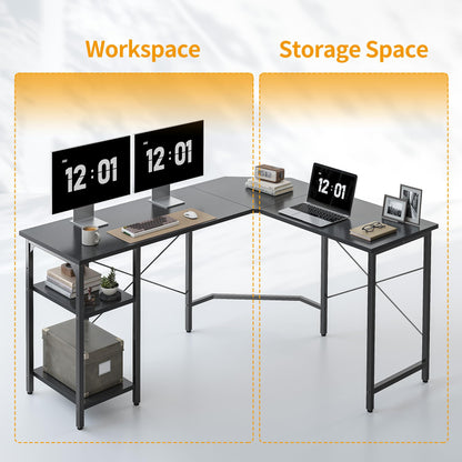 CubiCubi L Shaped Desk, 59.1 Inch Reversible Corner Desk with Storage Shelves, Home Office Desk for Writing Gaming Study, Black