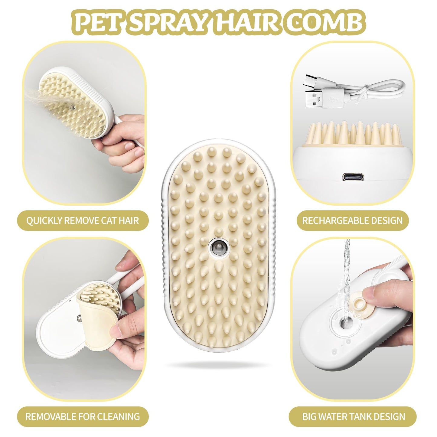 3-in-1 Rechargeable Steam Brush for Cats & Dogs - Anti-Static Spray Pet Grooming Brush with Warm Mist Massage, Hair Shedding Control, Detangling Comb & Cleaning Tool for Effective Deshedding