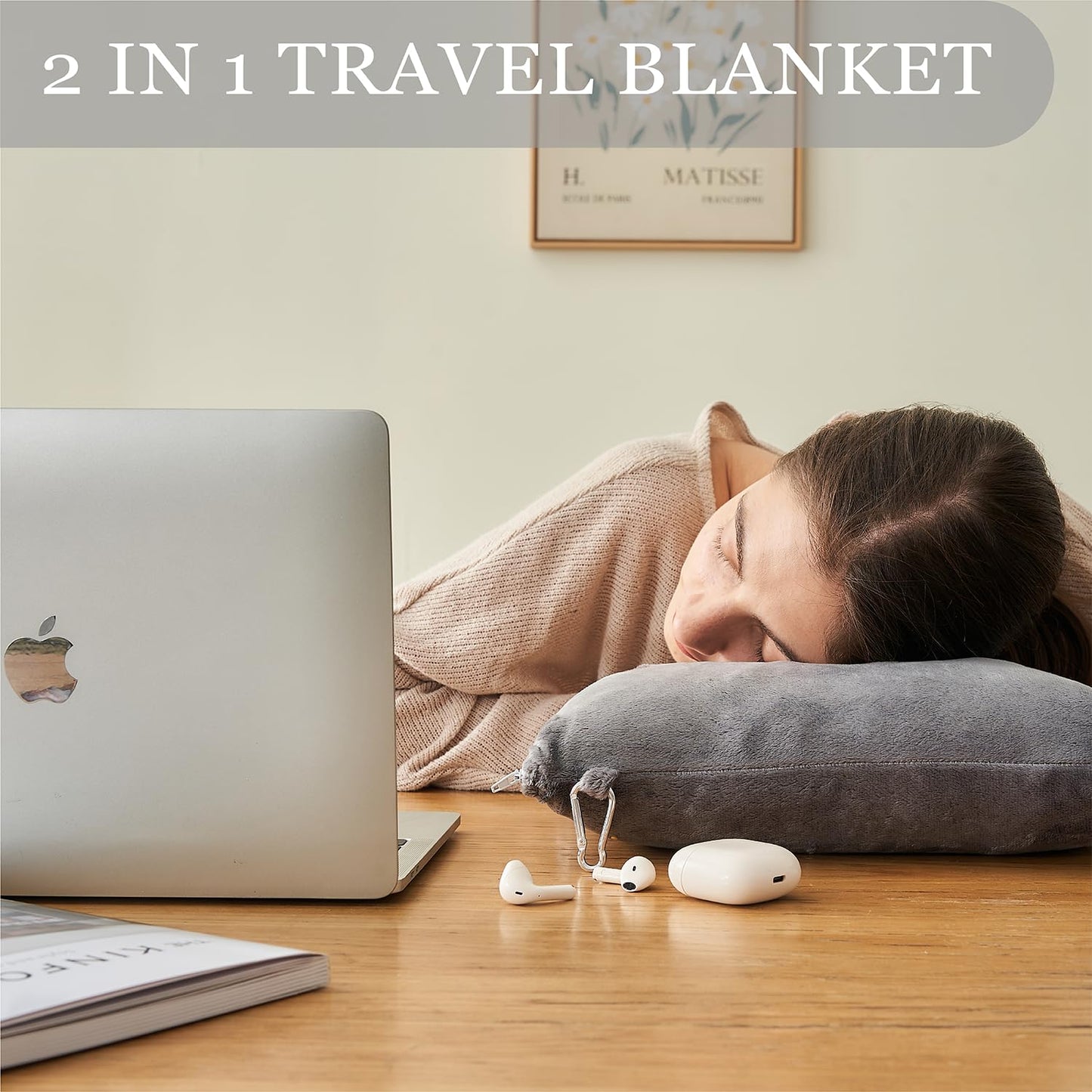 Commollis 2-in-1 Travel Blanket & Pillow for Airplane, Car, Train - Warm Compact Flight Blanket with Luggage Strap & Backpack Clip, Machine Washable, All-Season Use