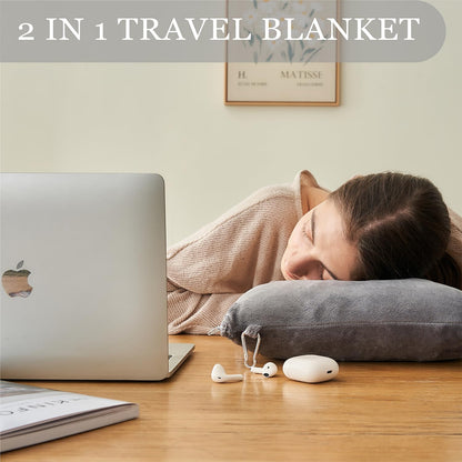 Commollis 2-in-1 Travel Blanket & Pillow for Airplane, Car, Train - Warm Compact Flight Blanket with Luggage Strap & Backpack Clip, Machine Washable, All-Season Use