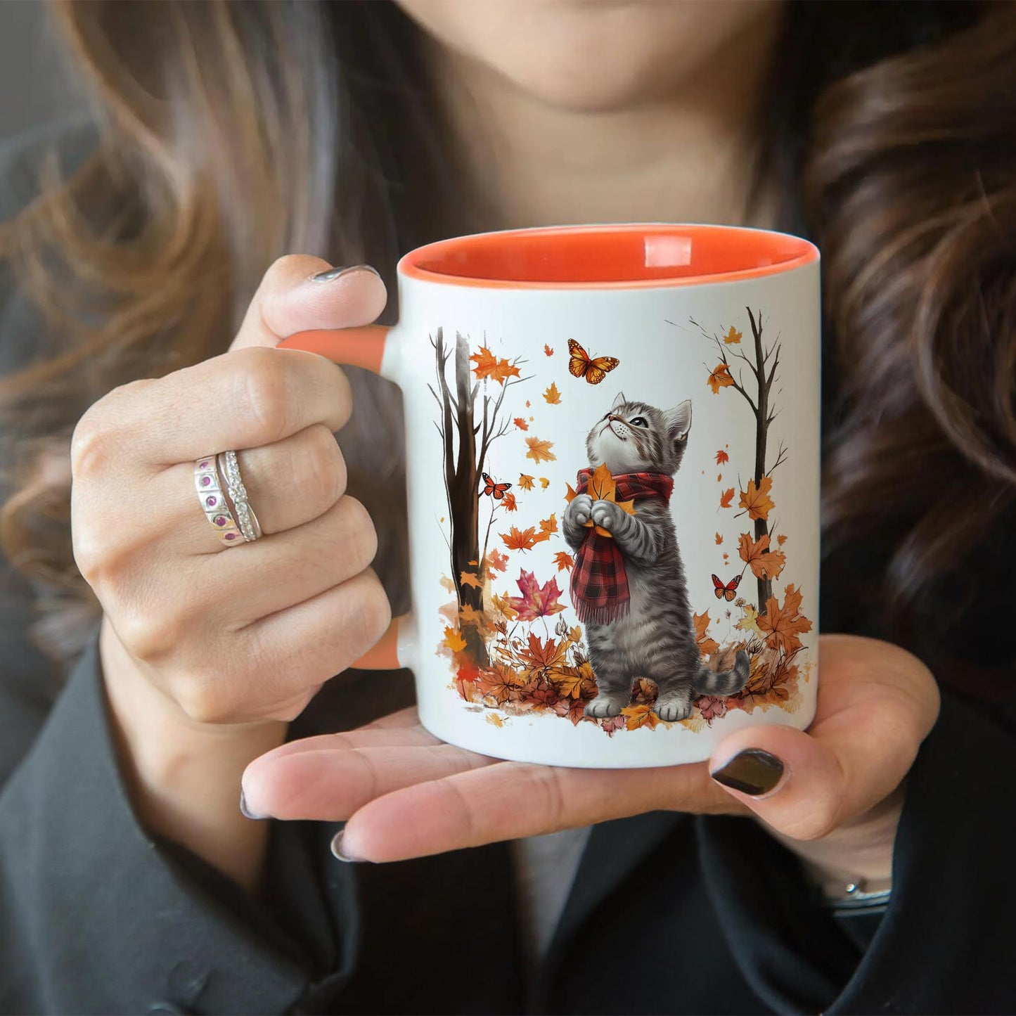 Hyturtle Fall Cat Maple Leaves Coffee Mug with Spoon, Birthday Gifts For Cat Lovers, Fall Autumn Decor Gifts For Farmhouse Thanksgiving, Cute Autumn Mug, 11oz Two Tone White Ceramic Coffee Tea Cup