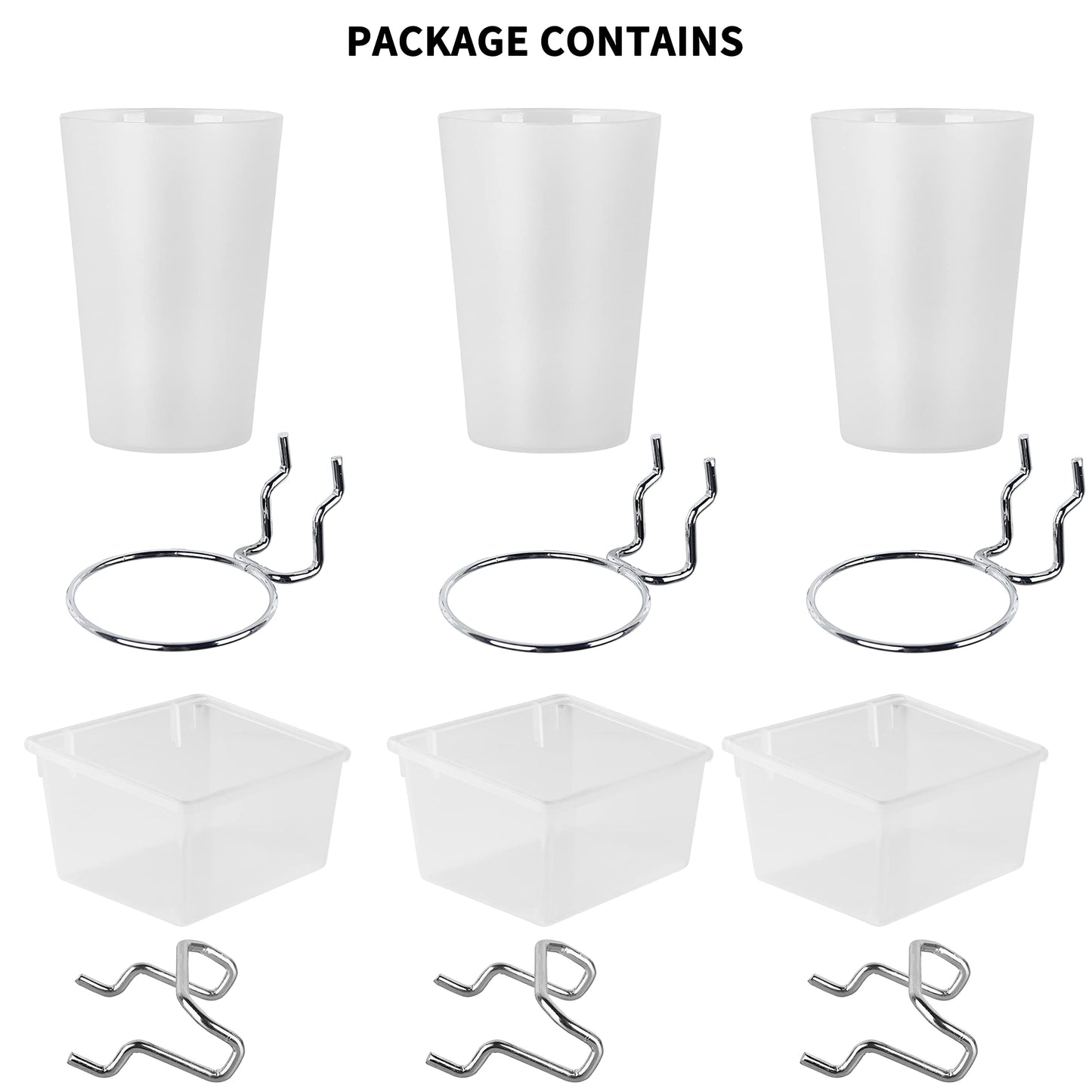 Kuhome 6 Sets Pegboard Bins and Cups with Pegboard Hooks, Pegboard Accessories Baskets, Hooks for Pegboard Cup Holder for Organizing Craft Tools Storage Garage Office Workbench Transparent