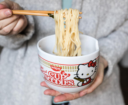 Hello Kitty Cup Noodles Japanese Ceramic Dinnerware Set | Includes 20-Ounce Ramen Bowl and Wooden Chopsticks | Asian Food Dish Set For Home Kitchen | Kawaii Anime Gifts, Official Sanrio Collectible